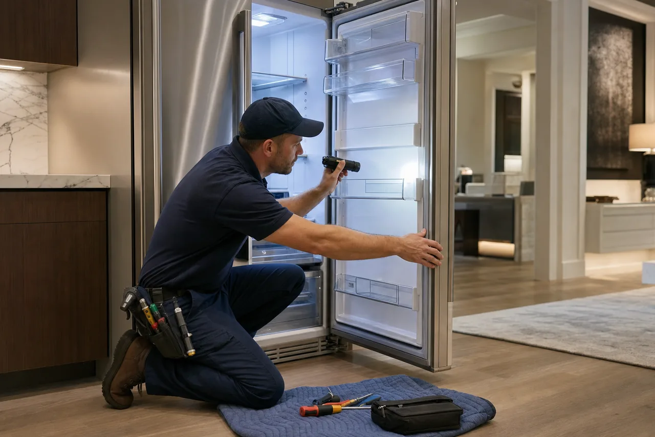 Technician repairing a built-in refrigerator mid-repair