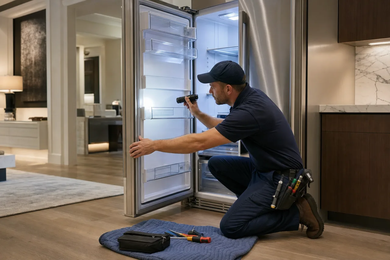 Technician repairing a built-in refrigerator up close