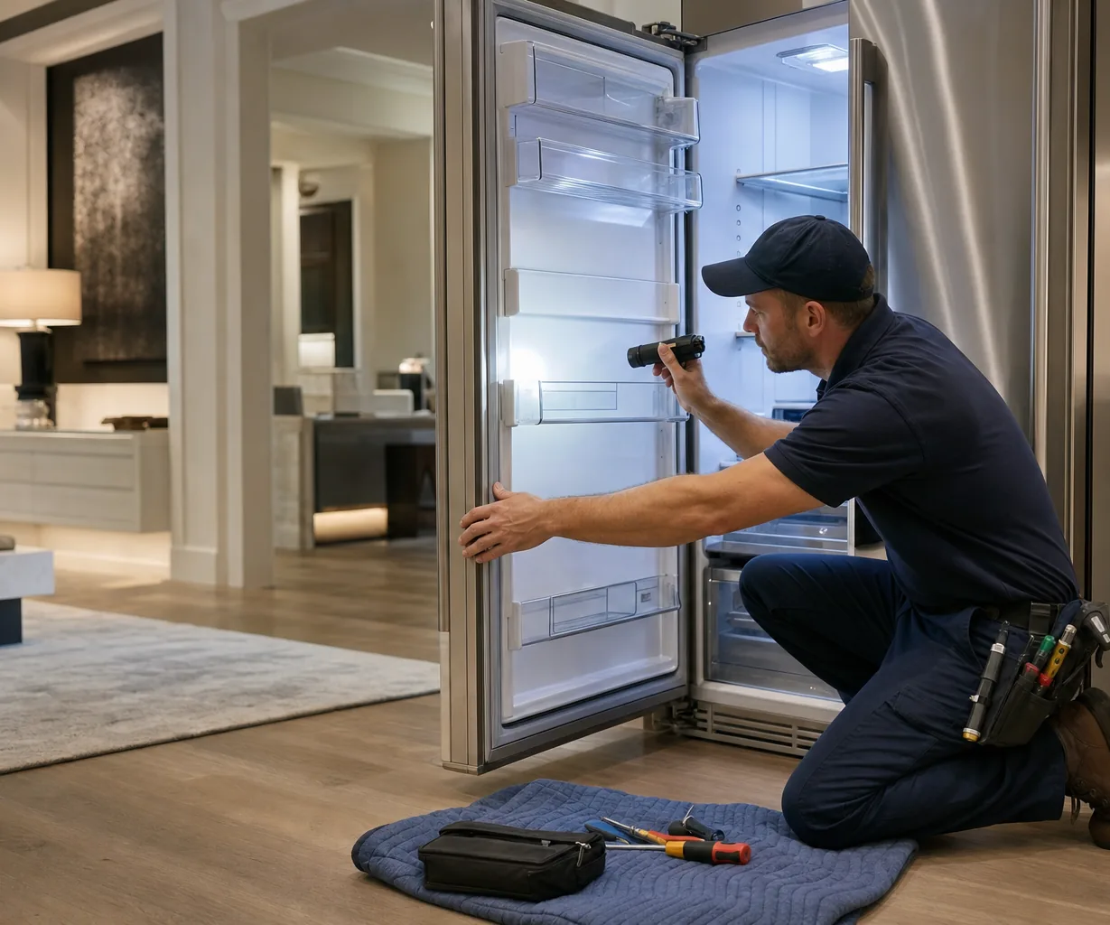 Technician repairing a built-in refrigerator up close