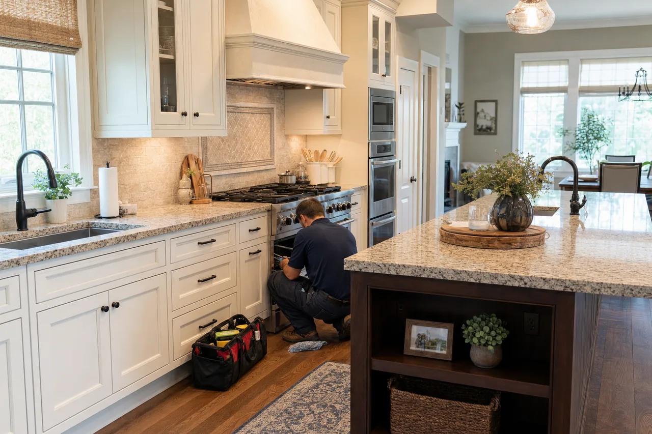 A technician servicing a professional Viking-style range in a Wilton kitchen
