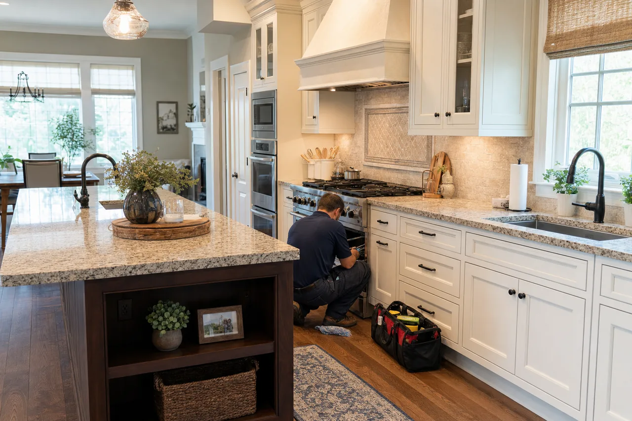 A luxury kitchen with built-in stainless appliances in a Wilton kitchen