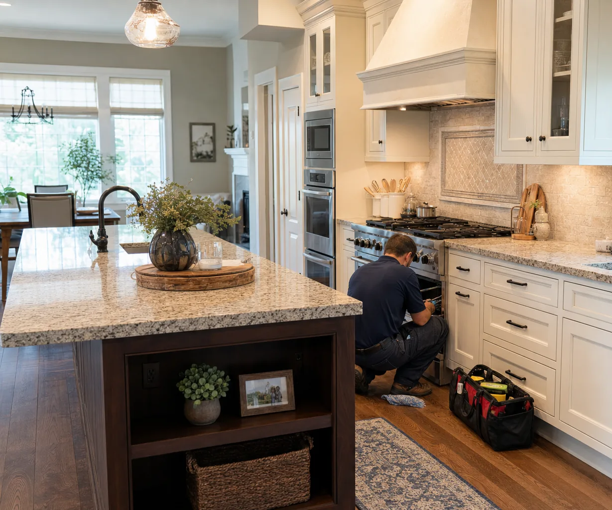 A luxury kitchen with built-in stainless appliances mid-repair