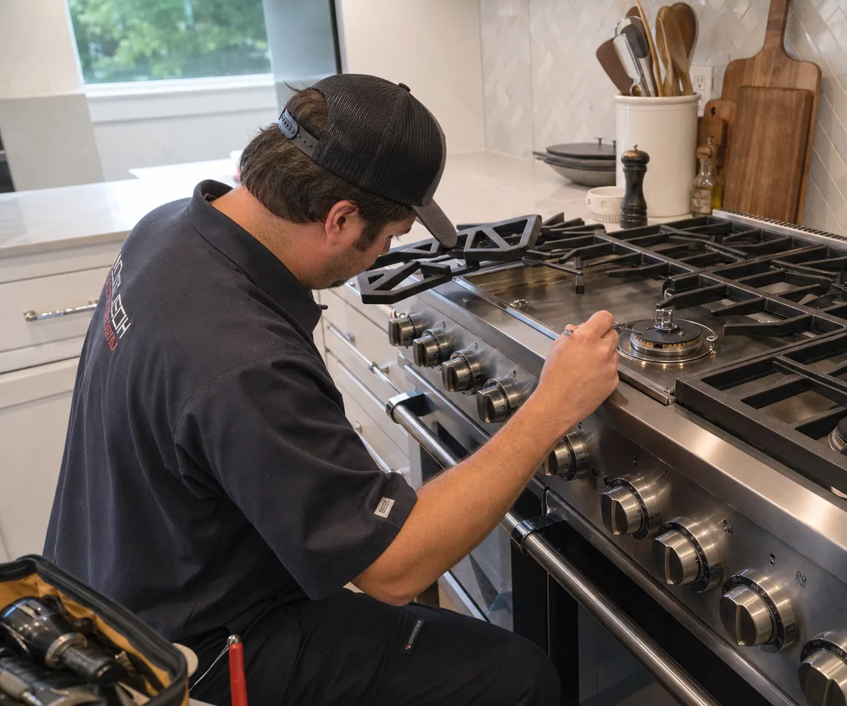 Technician servicing a stainless Viking range in a Wilton kitchen