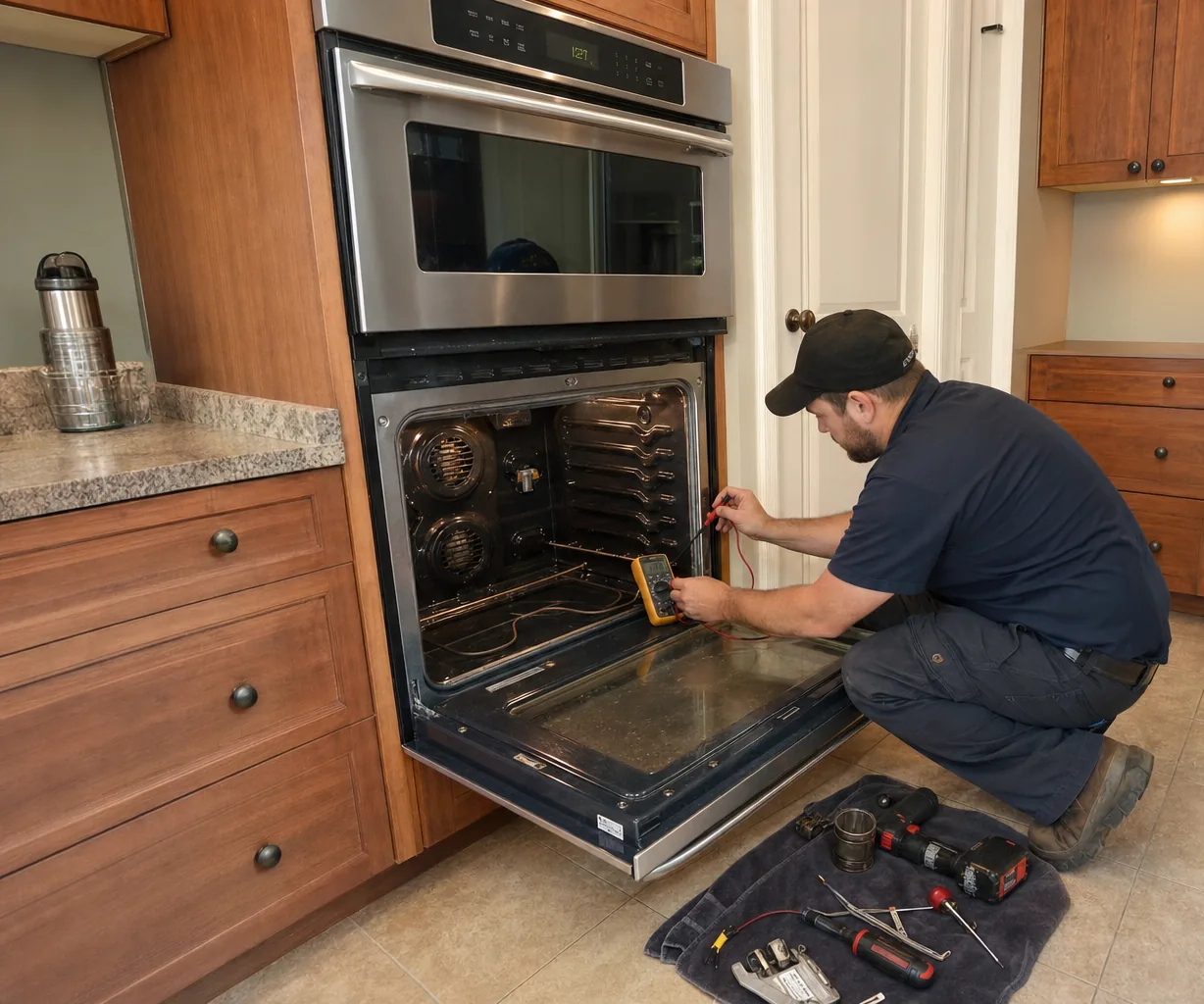 Technician servicing a built-in wall oven up close